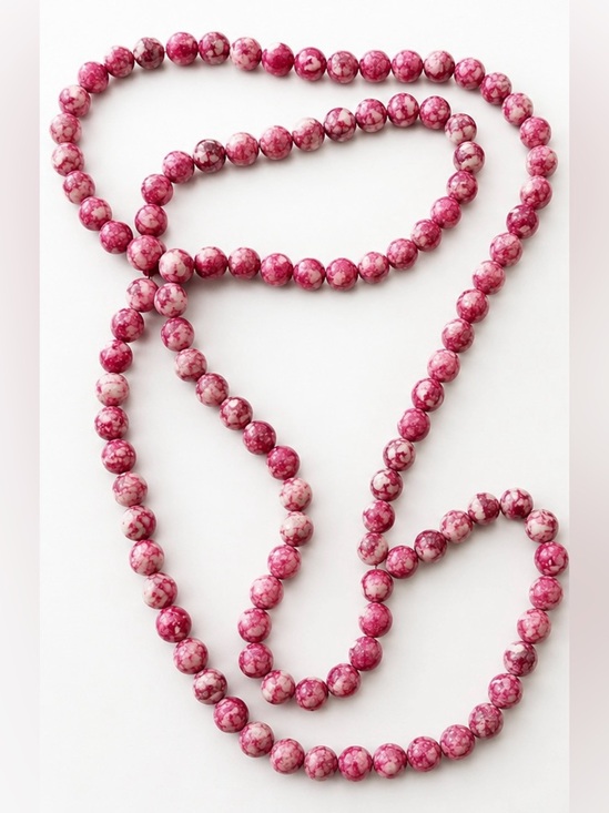 Jewelry - Vintage Pink Marbled Stone Bead Necklace 35” Long 8mm Beads No Clasp Statement